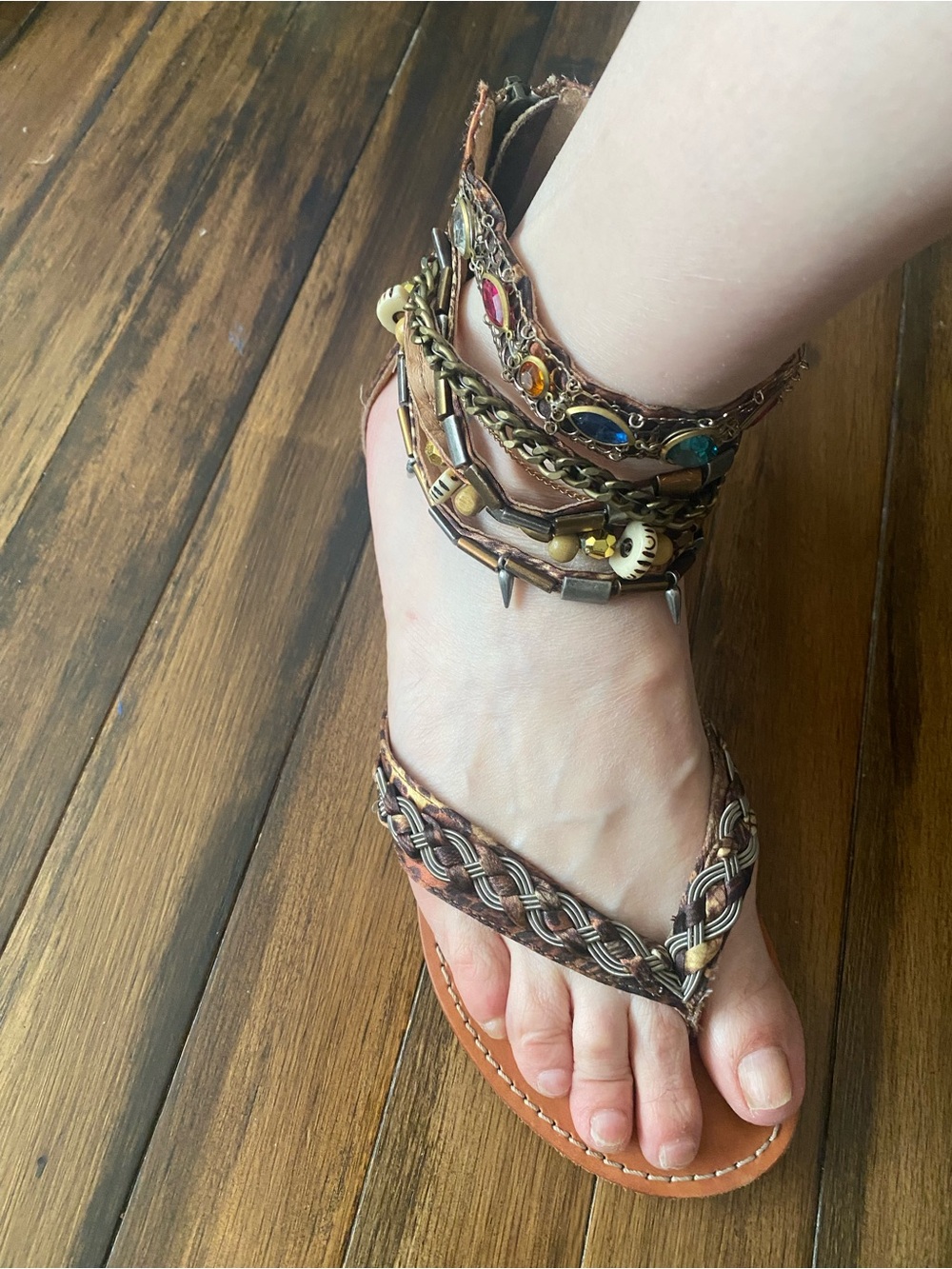 Boho Braided Brown Leather Ankle-Wrap Sandals